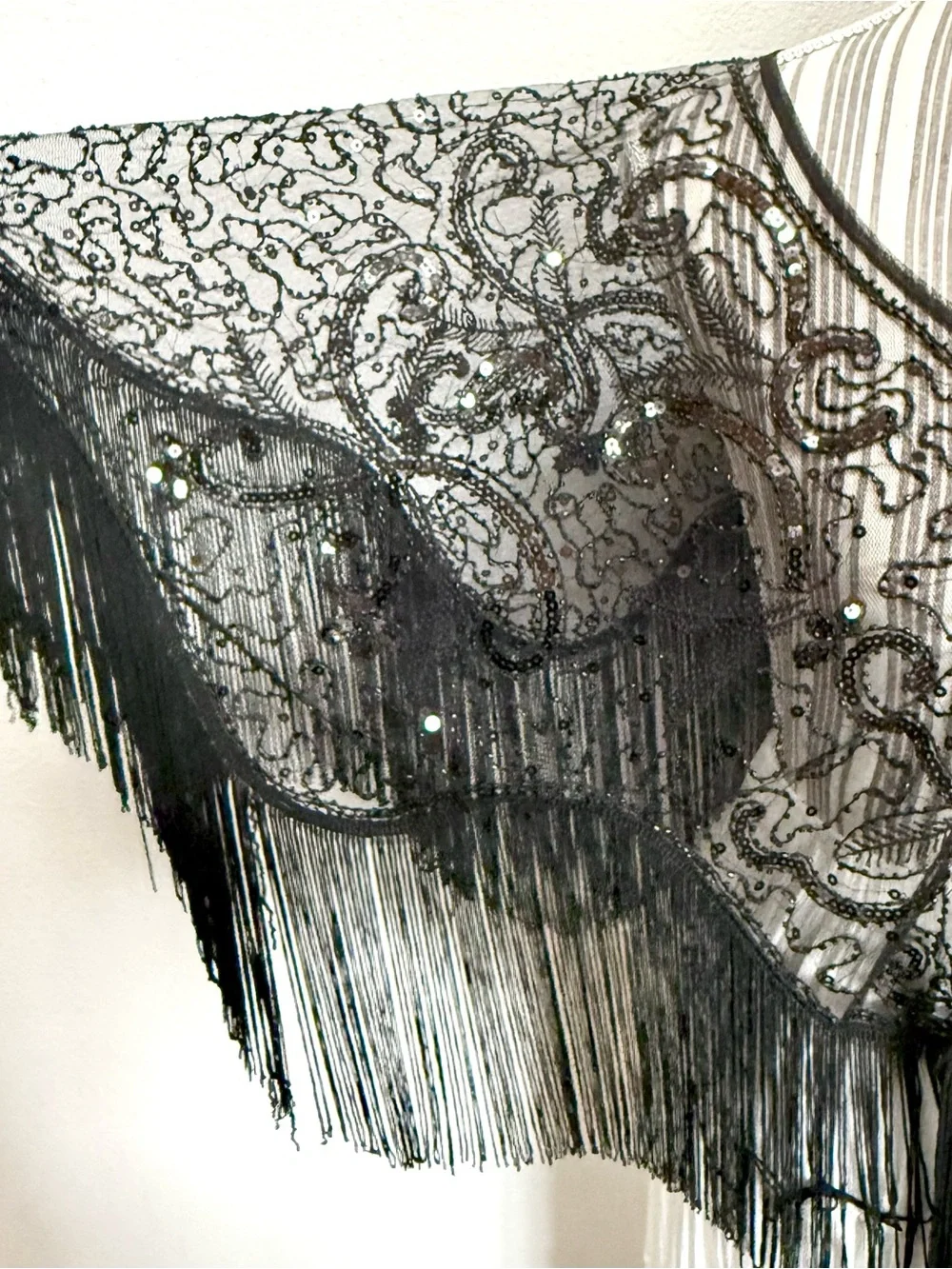 Vintage black beaded fringe capelet 🖤 whimsygoth dark romantic Gatsby